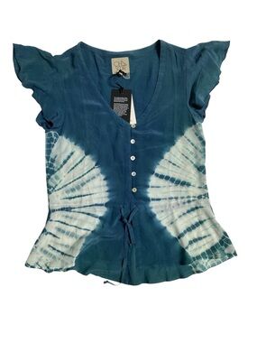 Chaser Teal and White Tie-Dye V-Neck Buttoned Top